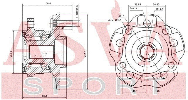 Подшипник ступицы колеса со ступицей (комплект) TYWH-GYL15R ASVA