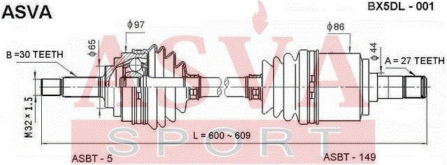 Вал привода колеса в сборе с ШРУСами BX5DL-001 ASVA